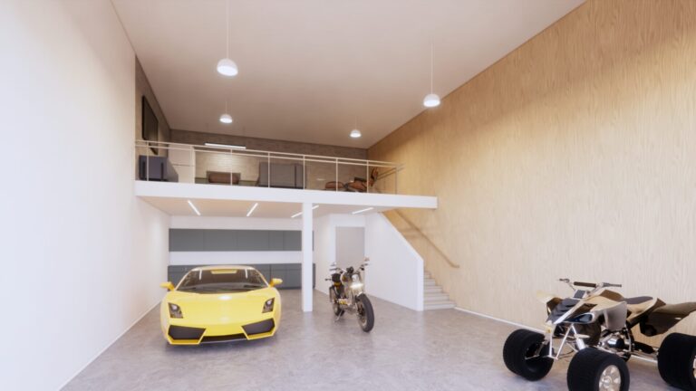 A rendering of a modern industrial-style garage with a mezzanine level. The ground floor features a yellow sports car, a motorcycle, and a quad bike parked on a polished concrete floor. The mezzanine, accessible via a staircase, has a seating area with modern furniture. The space is well-lit with hanging pendant lights and has a mix of clean white walls and wood-textured surfaces.