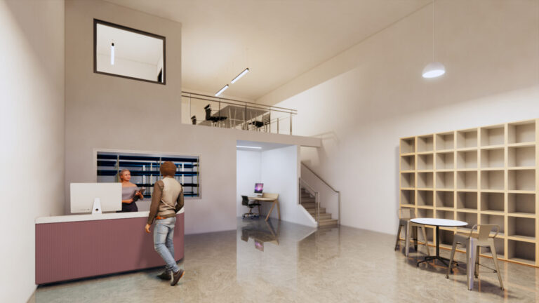 A rendering of a modern office space with a mezzanine level and a clean, minimalist design. The ground floor includes a reception desk where a woman is assisting a man, along with a workspace featuring a desk and computer. The background shows a large shelving unit and a small seating area with a round table and two chairs. The mezzanine level, accessible via a staircase, has a meeting area with several chairs around a table. The space is bright and well-lit, with polished floors and simple, sleek furnishings.